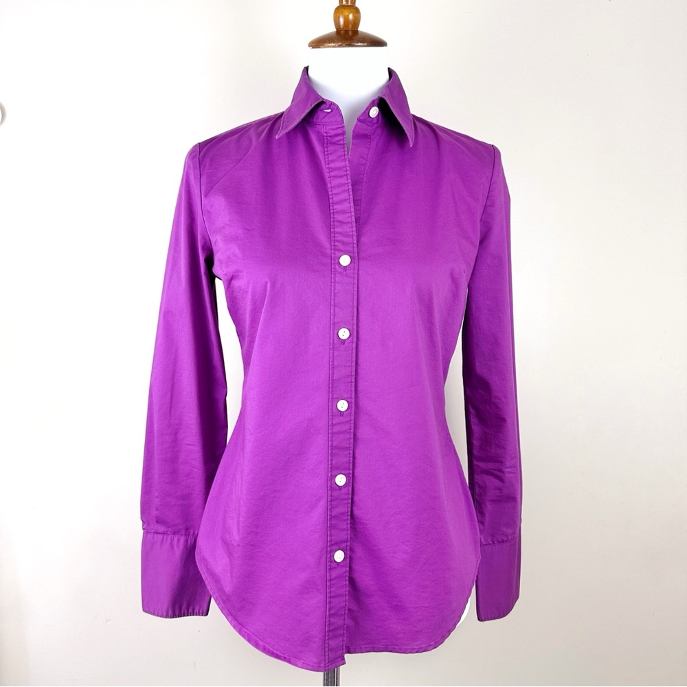 Calvin Klein Fitted Button Down Top Small Warm Purple Collar Long Sleeve